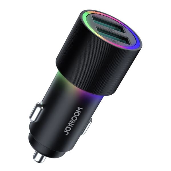 Biloplader 2x USB 24W, 4,8A med RGB lys - JoyRoom (JR-CL10) - Sort