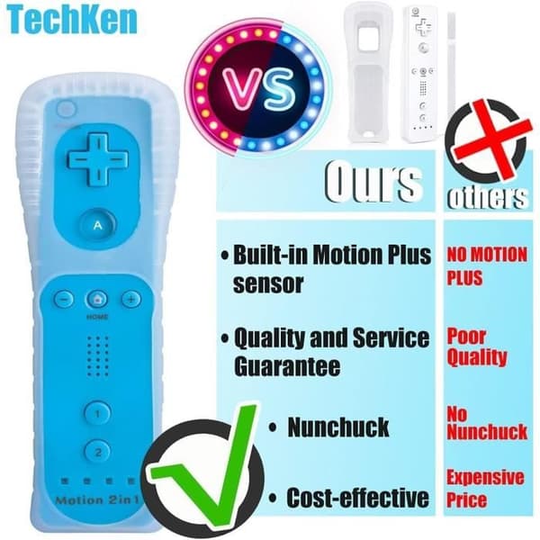 Spelkontroll - TechKen - 2-delad Wii-kontroll - Bluetooth - Vibration - Nunchuk ingår