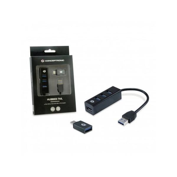 USB-hubb - CONCEPTRONIC - HUBBIES04B - 4 portar - USB 3.2 Gen 1 - Svart plast