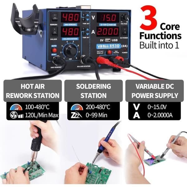 YIHUA 853D 2A USB SMD Lödstation med Varmluft