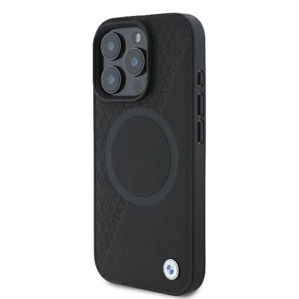 Mobilskal - BMW - iPhone 16 Pro - Prägad läder med halvtextur - MagSafe-ring - Svart