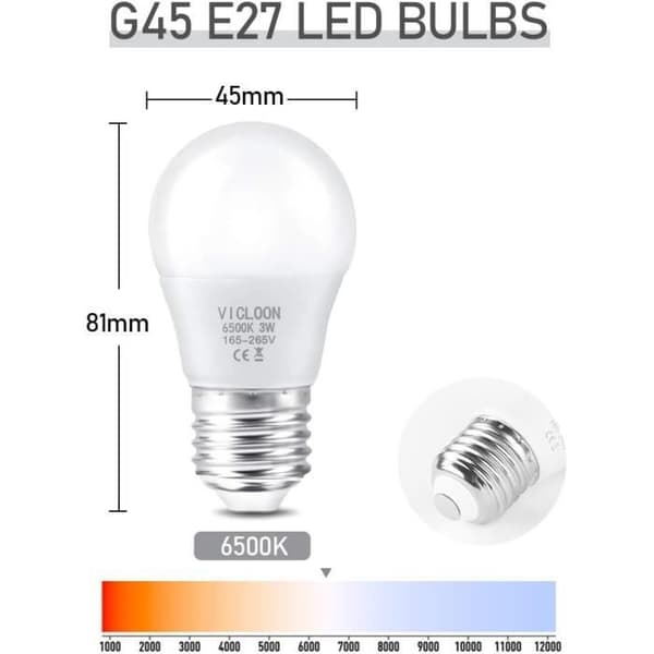 Ampull LED E27 G45 - VICLOON - 3W - Kallvitt 6500K - 280 Lumen - Ej dimbar