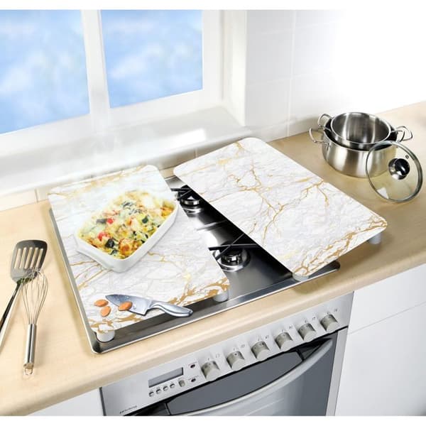 Skyddsplatta för spis - WENKO - Guldmarmor - 2-pack - Härdat glas - 30x52 cm