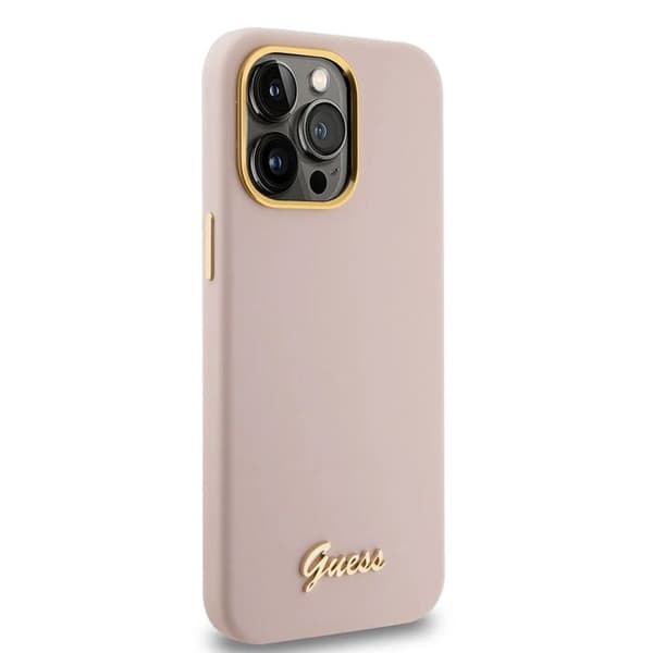 Guess Silicone Script-logotyp och metallram - Fodral för iPhone 15 Pro Max (rosa)