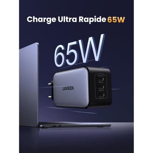 USB-C-laddare 65W - UGREEN - Nexode 65W - GaNInfinity - 3 USB-C-portar - Kompakt