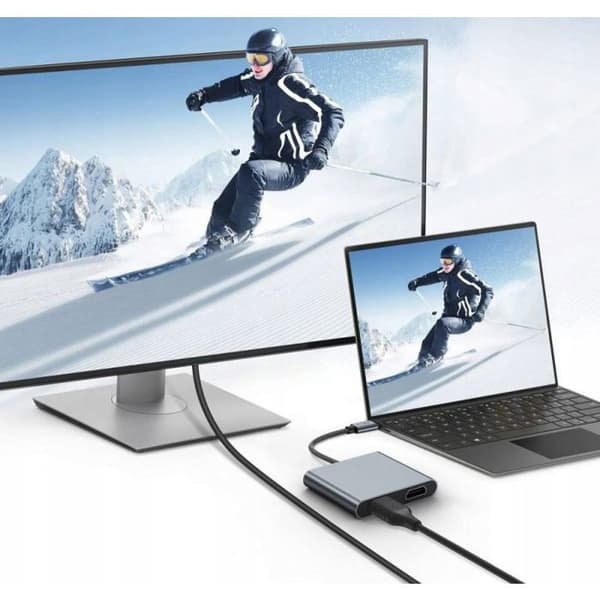Adapter - Tech-Protect HB08 HUB 4 i 1 - USB-C, USB-A 2.0 - 2xHDMI 4K 60 Hz - Grå sidereal