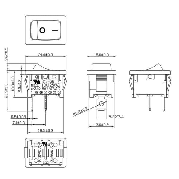 Vippbrytare - TRU COMPONENTS - TC-R13-66A-02 - 250 V/AC - 6 A - Snap-in