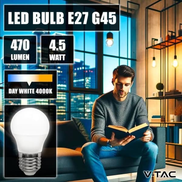 Ampull LED E27 - V-TAC - G45 - 4,5W - 470 Lumen - Paket med 3