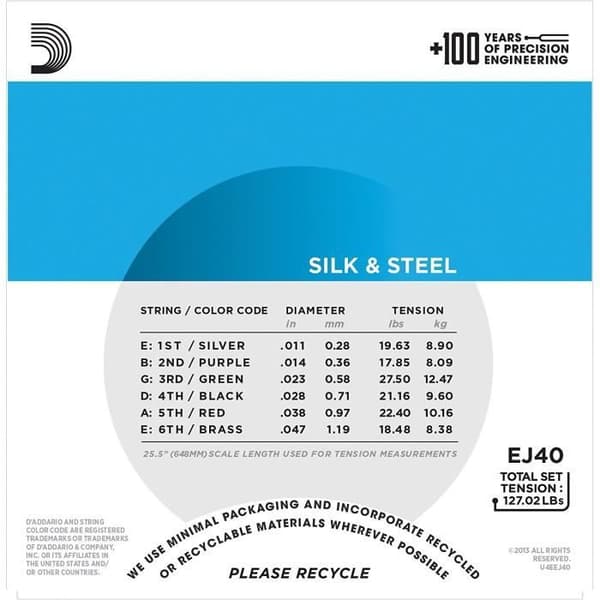 Set med strängar för akustisk gitarr - DADDARIO - EJ40 - Silke och stål - 11-47 - Spelkomfort