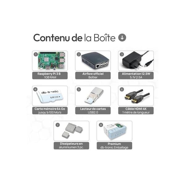 Raspberry Pi 3 B startpaket - db-tronic - 64 Go - HDMI 4K - 1 Go RAM