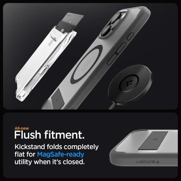 Standard Housse - SPIGEN - iPhone 16 Pro - Frost Grå - Ställning med Stop-Läge - Exceptionell Magnetism