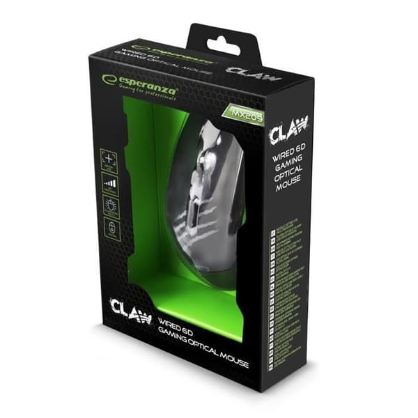 ESPERANZA MX209 CLAW optisk mus - 6 knappar - flätad kabel - grön LED