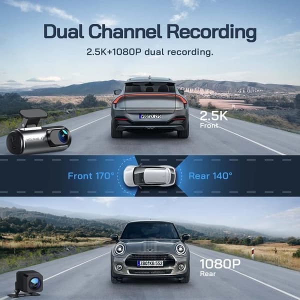 WOLFANG 4K Dashcam Bil Fram Bak med SD-kort 32G