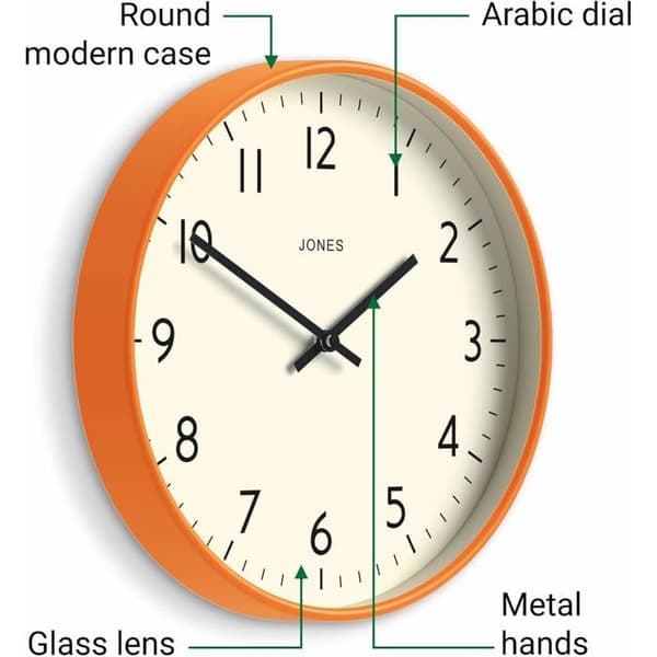 JONES CLOCKS Studio Väggklocka 30 cm orange - modern design, läsbara siffror