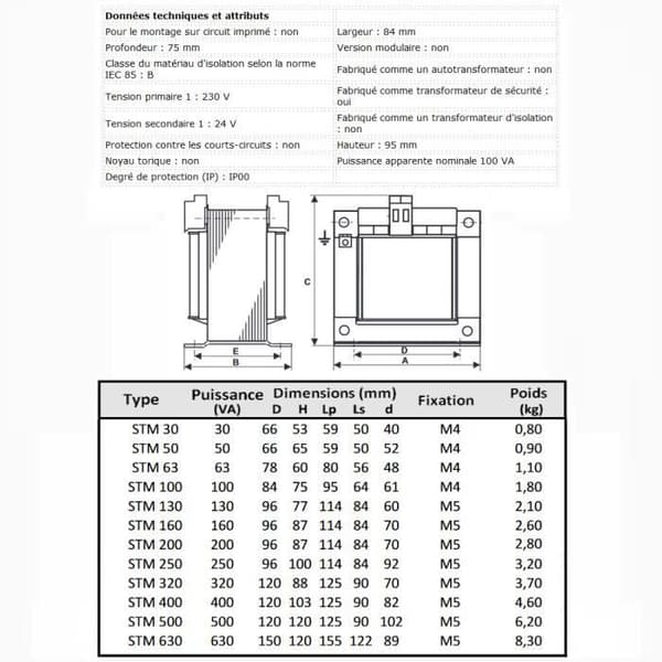 Enfastransformator - STM - 100 VA 230/24V - Isolering / säkerhet - IP00