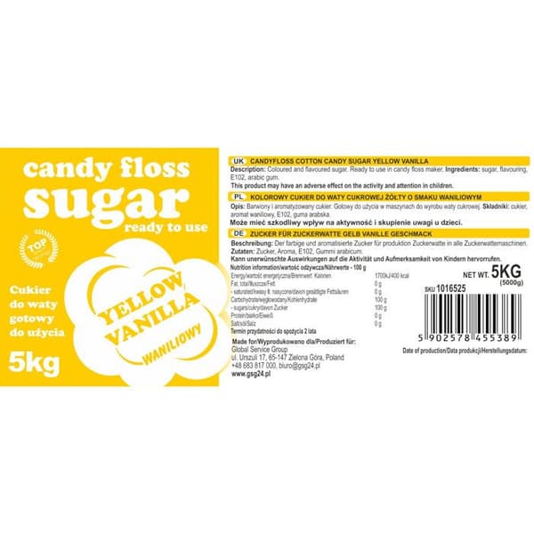 Färgglad sockervaddssocker, gul, vaniljarom, 5 kg