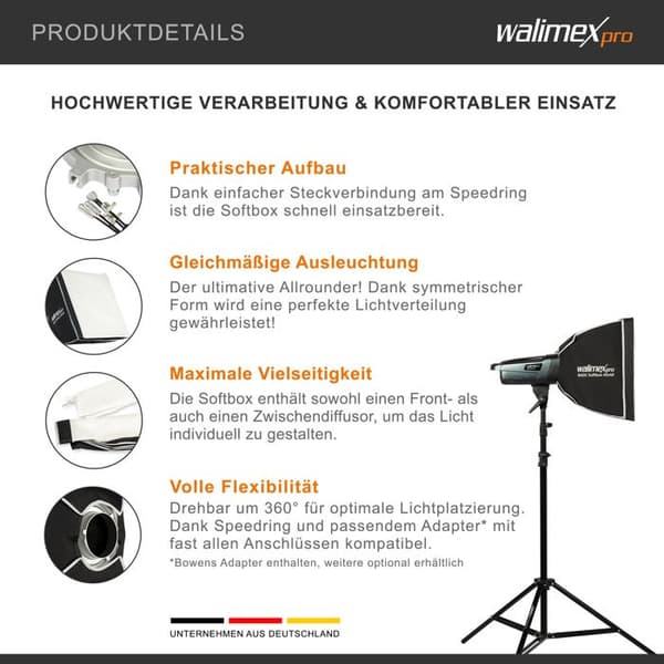 Walimex pro Basic Softbox Ljuslåda 40 x 40 cm, vridbar 360°, med fram- och mellan diffusor, transportväska, adaptern