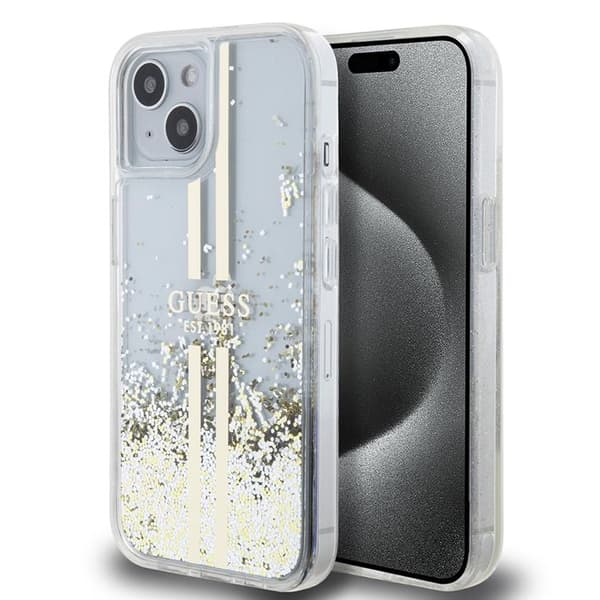 Coque Guess Liquid Glitter Guldstripes för iPhone 15 Plus - Transparent