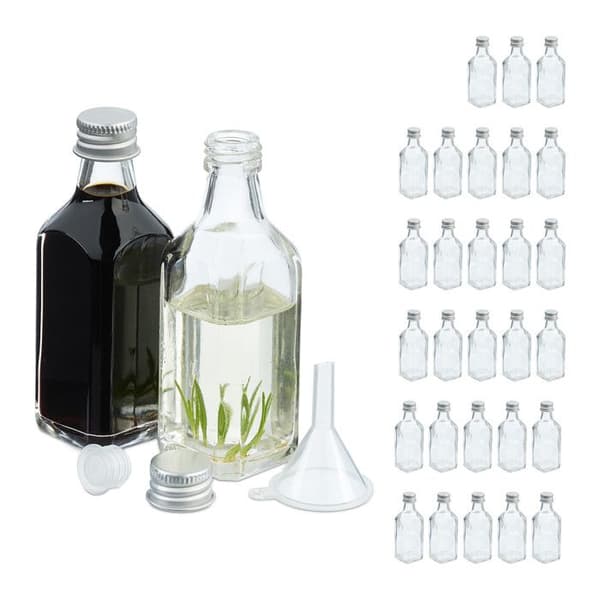 Relaxdays Mini glasflaskor, set om 30, små flaskor att fylla, 50 ml, skruvkork, transparent/silver