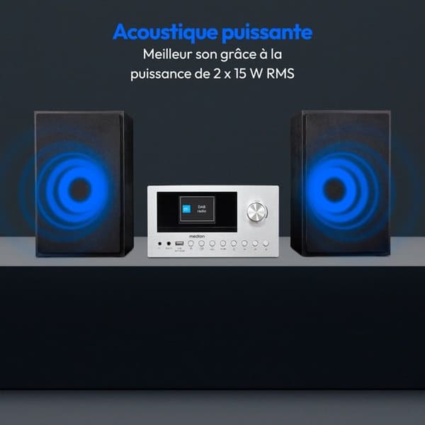 Mikrosystem audio – MEDION MD85008 – 2x15W RMS – DAB+, FM, Bluetooth, USB, AUX – 9 förinställningar – Silver