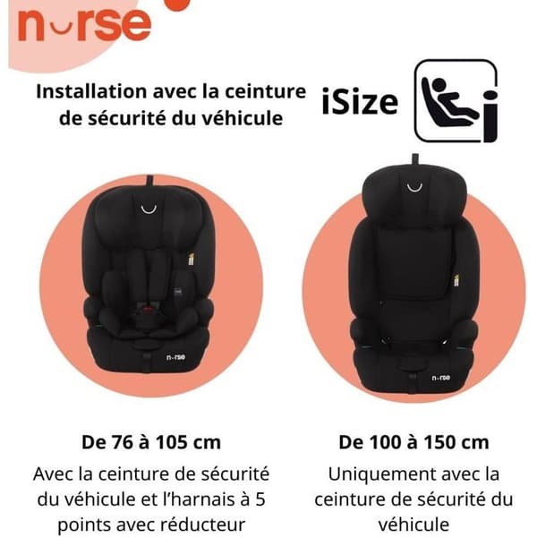 Bilbarnstol iSize Nurse Grip för Barn 2-12 År, Bälteinstallation, Svart