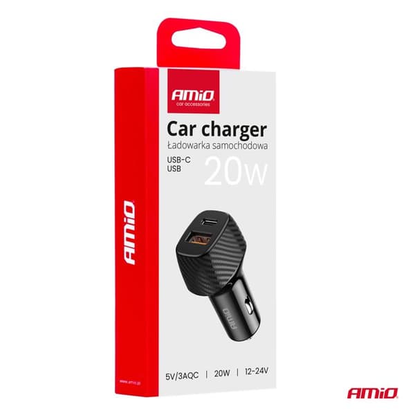 Bil-laddare QC+PD 20 W USB-A + USB-C AMIO-04282