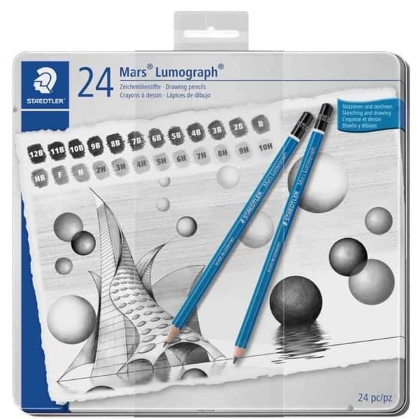 Pennor - STAEDTLER - Mars Lumograph - Metallfodral med 24 - Stift 2,0 mm - Hexagonal blå