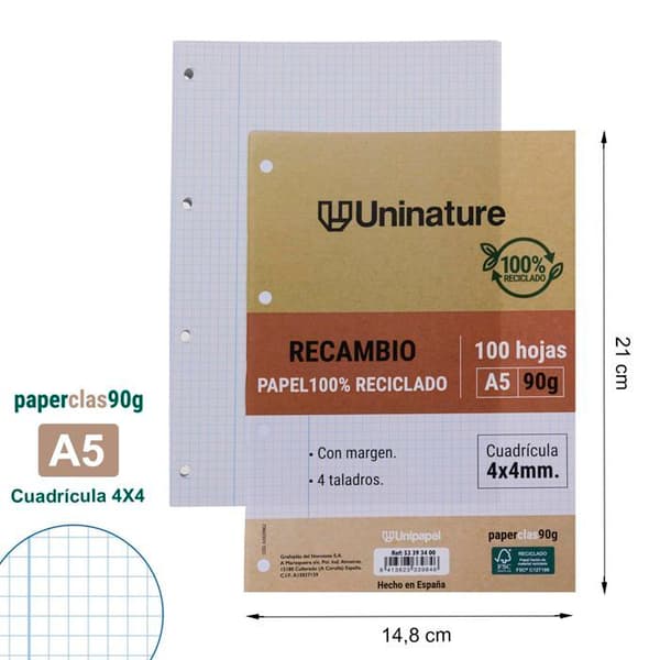 Mobilt blad - Unipapel - 53393400 - 100 ark A5 - Papper 90g - Återvunnet
