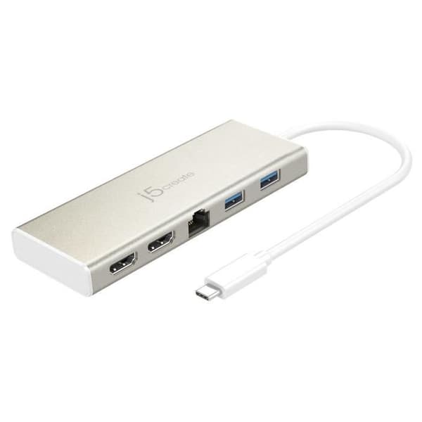 j5create JCD381 Mini Dock USB-C Dual HDMI, Ethernet, 3x USB 3.0, PD2.0 — Metallisk champagne