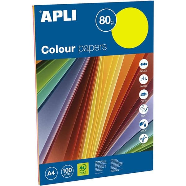Papperspaket - A4 - Neonfärger - 80g - Utskrift - 100 ark - Apli