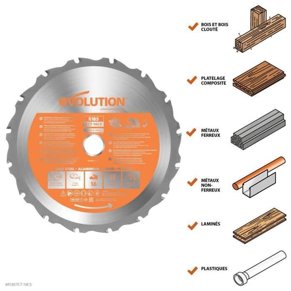 Lame multi-material - Evolution - 165mm - 18 tänder - Borrhål 20mm - Wolframkarbid