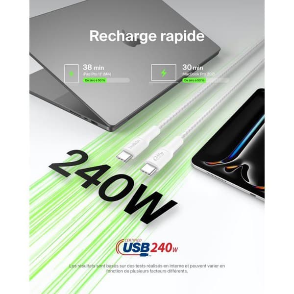 USB-C-kabel - Belkin - CAB025hq2MWH - 240W - Flätad - Vit