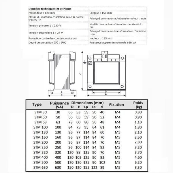 Enfas transformator - STM - 630VA - 230/24V - IP00 - Klass I