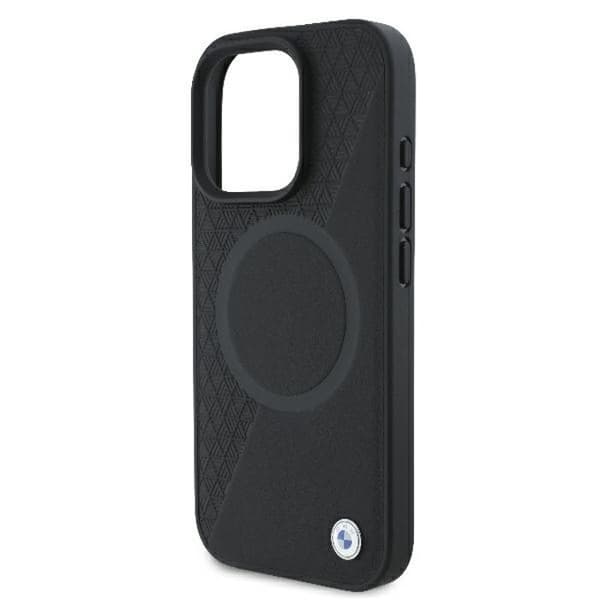 Mobilskal - BMW - iPhone 16 Pro - Prägad läder med halvtextur - MagSafe-ring - Svart