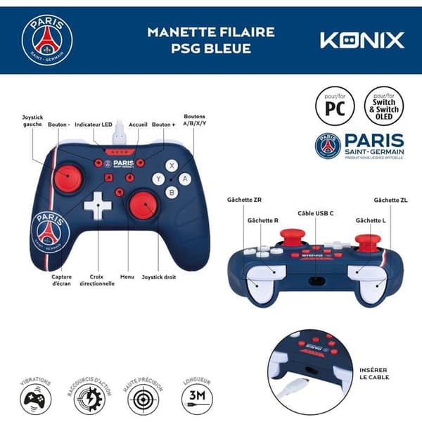 Spelkontroll - Nintendo Switch, Switch 2 och PC - PSG - Trådad - Blå, vit och röd - Vibrationsfunktion - 3 m kabel - Konix