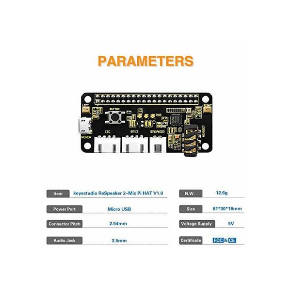 Tilläggskort - KEYESTUDIO - ReSpeaker 2-Mic Pi Hat - För Raspberry Pi 4 - Svart