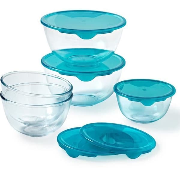 Set med 5 skålar med lock - PYREX - 1x 0,5L + 2x 1L + 2x 2L