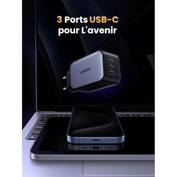 USB-C-laddare 65W - UGREEN - Nexode 65W - GaNInfinity - 3 USB-C-portar - Kompakt