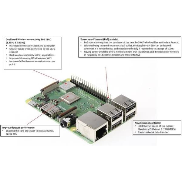 Moderkort - Raspberry Pi - 3 modell B+ - WiFi 802.11ac - Bluetooth 4.2 - ARMv8 64bit