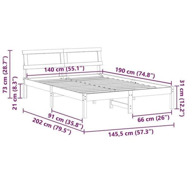 vidaXL Sängram Vit 140 x 190 cm Massivt furu 872825