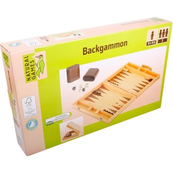 Spelbräda - NATURAL GAMES - Backgammon Deluxe - 30 stenar - Mugg och tärningar - 38x22x5cm