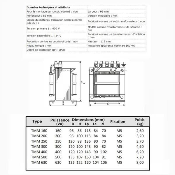 Transformator - TMM - 160VA - 400/230V - Separation - IP00 - Metall