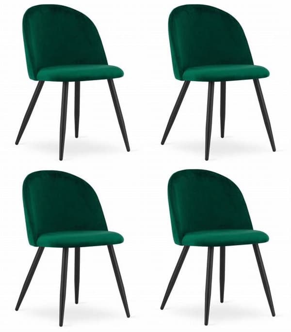 Set med 4 BELLO stolar i grön sammet — svarta metallben, samtida stil