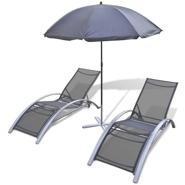Set med 2 solstolar och parasoll - Svart - 156 x 60 x 89 cm
