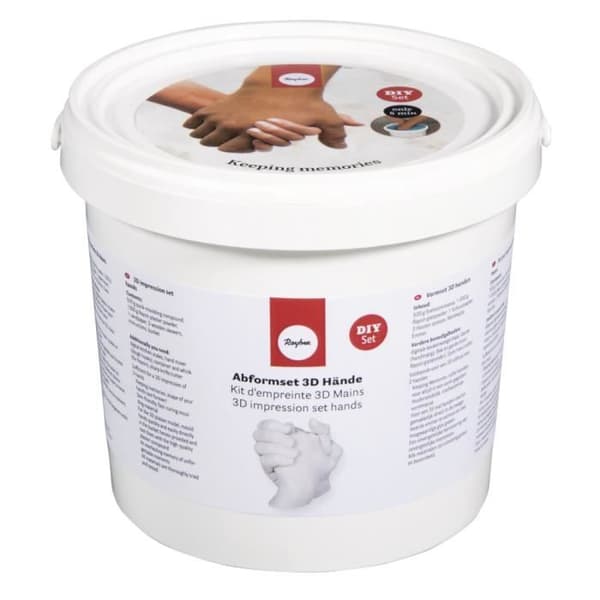 Rayher Kit 3D Handavtryck – 500g avtrycksmaterial + 1kg Raysin gips, hink 17×16 cm