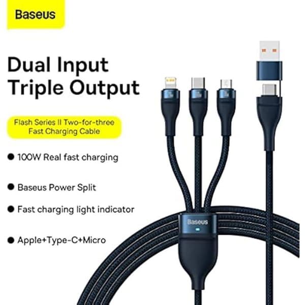 Laddningskabel - BASEUS - Flash II 3in1 - 100W - 120 cm - Blå