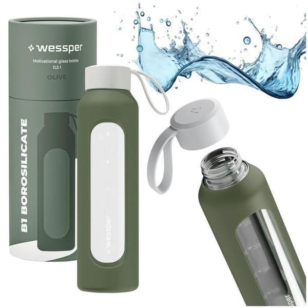 Motiverande glasflaska - Wessper B1 BOROSILICATE - 500ml - oliv