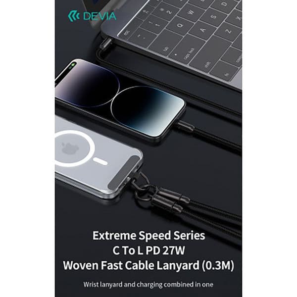 Lanyard till handled med USB-C Lightning ultra hållbart Devia svart