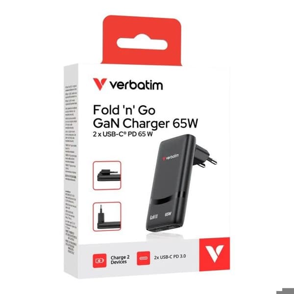 Väggladdare GaN Verbatim Fold 'n' Go - 2xUSB Typ-C - 65W