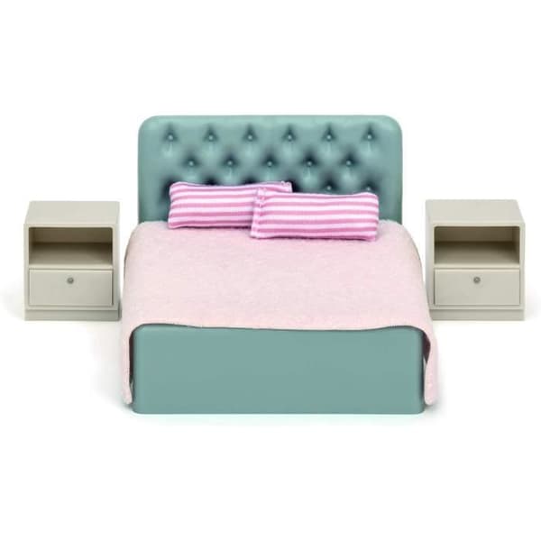 Lundby Basic Sovrum för dockhus - Dubbel säng med huvudgavel, enkelsängar, kuddar & filtar (blå)